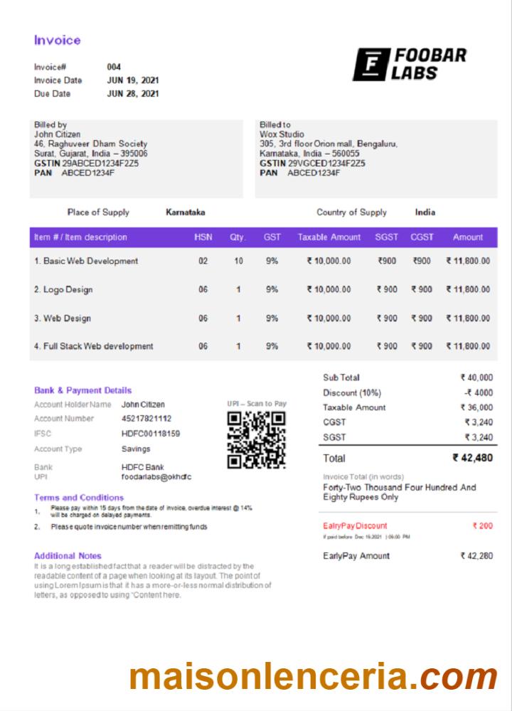 Szablon faktury India Foobar Labs Information Technology Company w formacie Word i PDF, w pełni edytowalny, Wersja 2